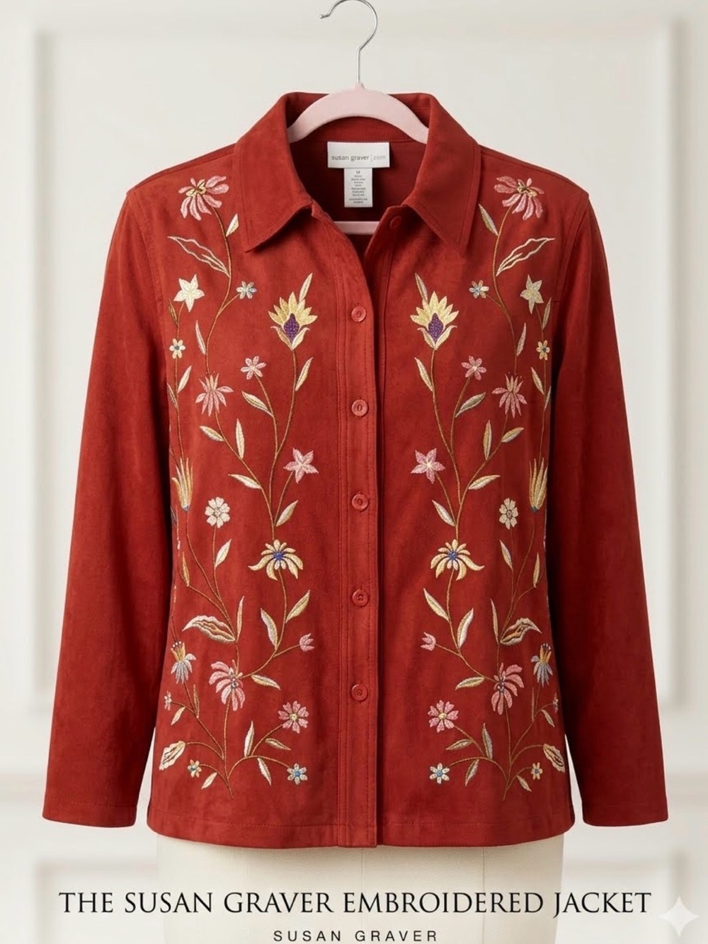 Susan Graver Auburn Rust Suede Embroidered Floral Shirt Jacket M 0357